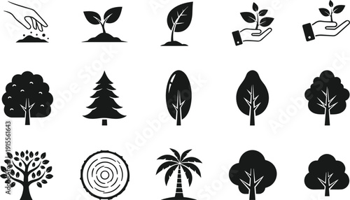 Nature and ecology icon set with trees, leaves, seedlings, planting hands, forest symbols, and environmental conservation design