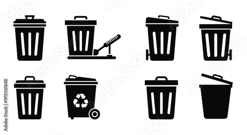 Black and white vector icons depicting various trash cans and recycling bins