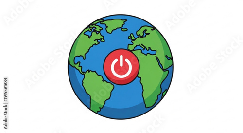 Earth globe with power button icon symbolizing environmental protection energy saving and global shutdown concept isolated on white