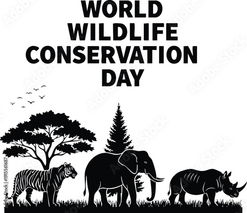 World wildlife conservation day celebration with tiger elephant and rhinoceros silhouettes in savanna landscape