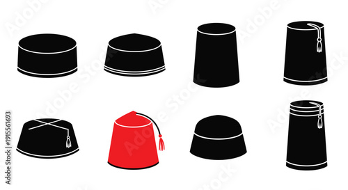 Collection of fez hats in various styles and colors isolated on white