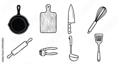 A variety of kitchen utensils and tools arranged in a row Vector