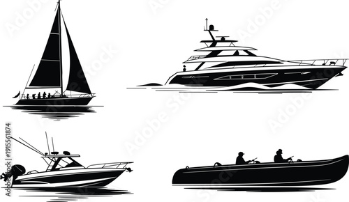 Black and white illustration of four boats including sailboat, yacht, motorboat, and canoe, showcasing diverse watercraft styles, perfect for travel, adventure, design, and educational concepts.