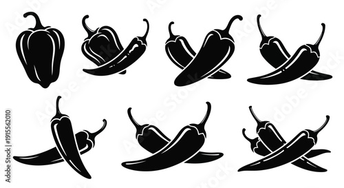 Black and white illustration of various chili pepper shapes and sizes