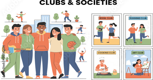 Clubs and Societies Illustration with Students in Book, Running, Cooking, and Art Club Activities Representing Community and Campus Life