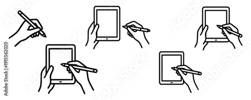 Hands holding and writing on tablets with styluses, showing digital interaction vector illustration.