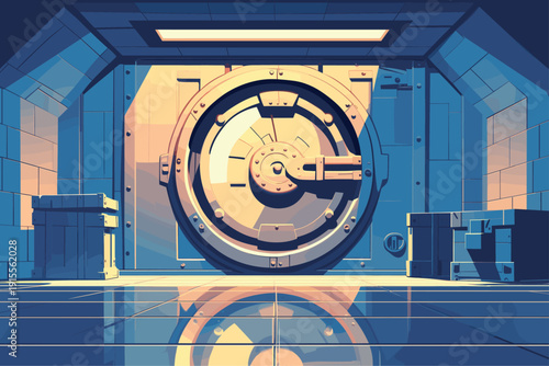Cartoon steel round door of bank vault, bank basement, empty room, drawers, vector illustration