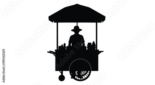 Silhouette of a street vendor with a pushcart and umbrella