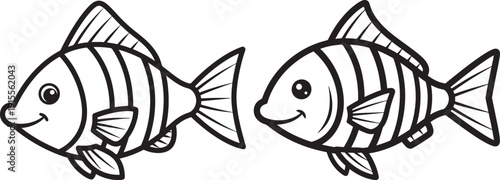 Two cute cartoon fish with striped bodies and happy expressions, swimming side by side in a simple illustration