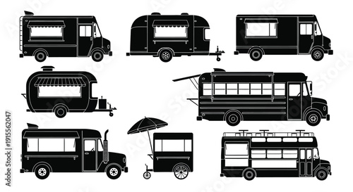 Black silhouette illustrations of various food trucks and mobile vendors