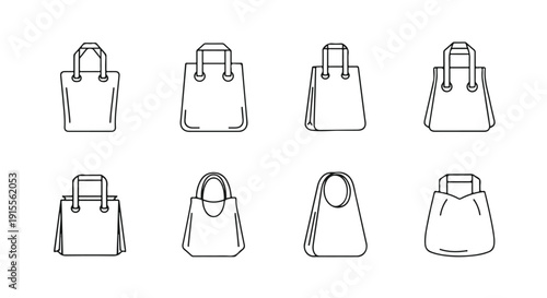 An assortment of various handbag designs and styles illustrated in black and white Vector