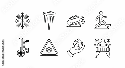 Icons representing winter activities and precautions for driving in snowy conditions Vector