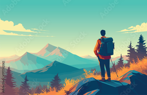 Cartoon traveler with a backpack admiring the sunrise on the top with a view of the mountains in the spruce forest, vector illustration