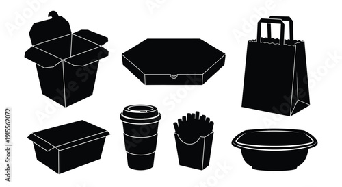 Black and white silhouettes of various takeout food containers and packaging