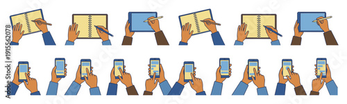 Hands writing in notebooks and using tablets with a stylus vector illustration.