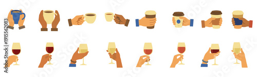 Hands holding coffee cups and wine glasses for enjoyment vector illustration.