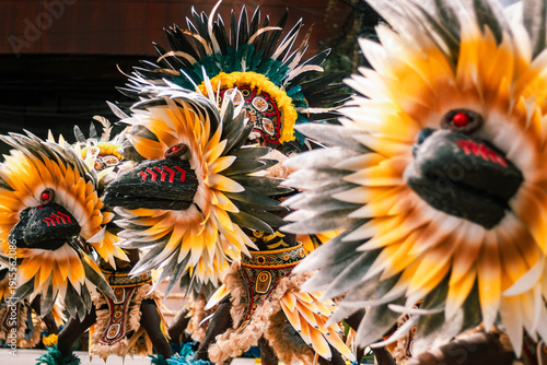 Iloilo City, Philippines - 25 January 2026: View of vibrant Dinagyang festival costumes with feathers and intricate masks, showcasing a rich cultural display.