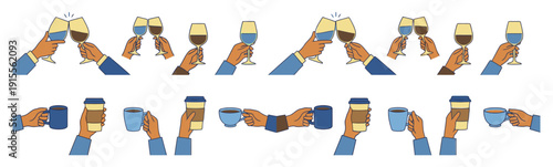 Hands clinking wine glasses and holding coffee cups vector illustration.