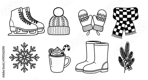 Winter items and activities depicted in a simple, elegant line art style Vector