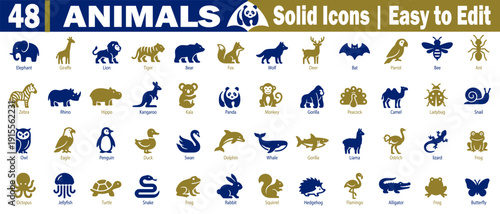 Solid animal silhouette icons. Featuring various wild and domestic creatures, vector illustration.