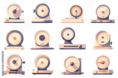 Set of cartoon old store mechanical scales, trade tool, round, screen, arrow, weight, scales, metal, weight measurement, beautiful, vector illustration