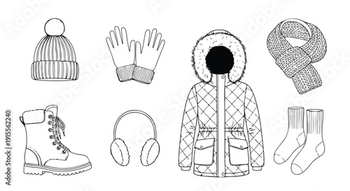 Winter clothing and accessories for staying warm in cold weather conditions Vector
