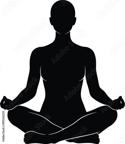 Silhouette of person practicing meditation in lotus yoga pose symbolizing mindfulness, relaxation, balance, peace, and wellness
