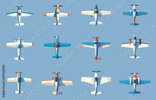 Set of cartoon propeller-driven various airplanes, aviation, top view, colorful, seaplanes, vector illustration