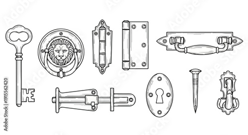 A collection of antique metal hardware including keys, latches, and hinges Vector