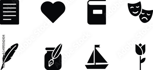 Creative arts and literature icon set with book, heart, theater masks, writing tools, sailboat, and floral symbols