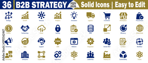 Comprehensive b2b strategy solid icons including marketing and leadership vector illustration.