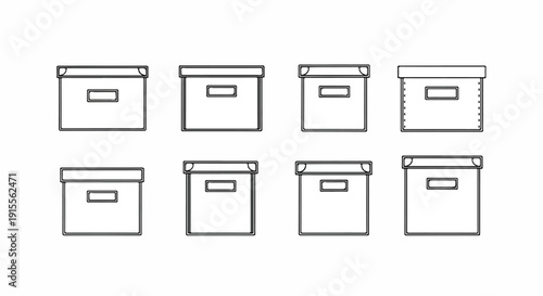 Eight different types of storage boxes with lids and handles Vector