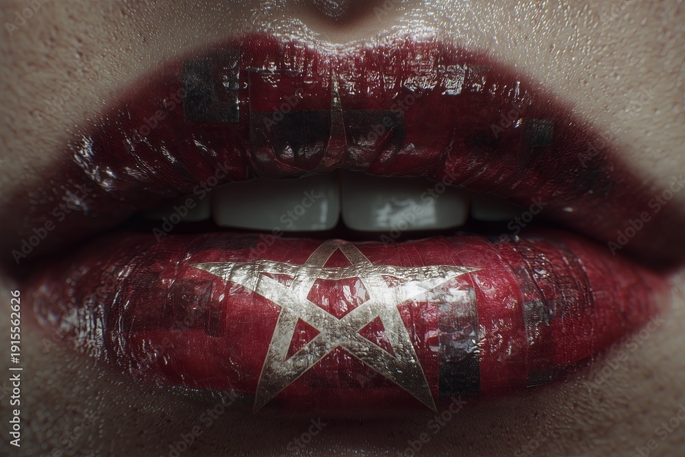 Fototapeta premium The artistic lips makeup merges identity, beauty, and cultural symbolism. Detailed design is vibrant and eye-catching, captures the essence pentagram theme.
