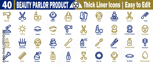 Beauty parlor product icons for hairdryer, scissors, comb brush, lipstick, mascara, vector illustration.