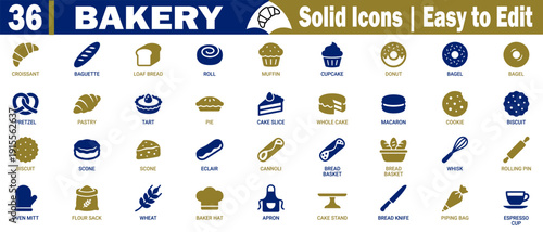 Bakery icons for croissant, baguette, loaf bread roll, muffin, cupcake, donut vector illustration.