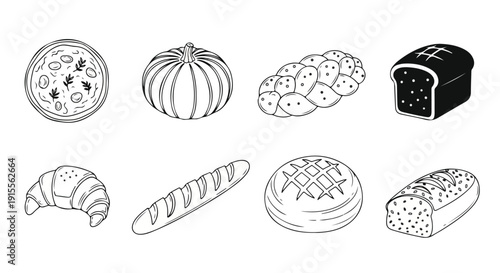 Assorted breads and pastries displayed in a variety of shapes and sizes Vector