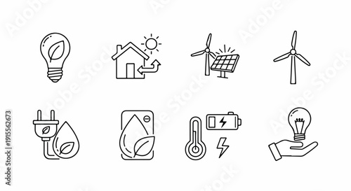 Icons representing various aspects of renewable energy and energy efficiency Vector