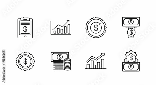 Assorted icons representing various aspects of finance and investment Vector