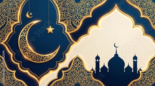 Golden Mosque Silhouette on Blue Islamic Pattern