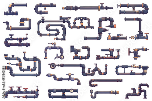 Set of cartoon water pipes with valves, meters and taps, plumbing fixtures, water supply communications, vector illustration