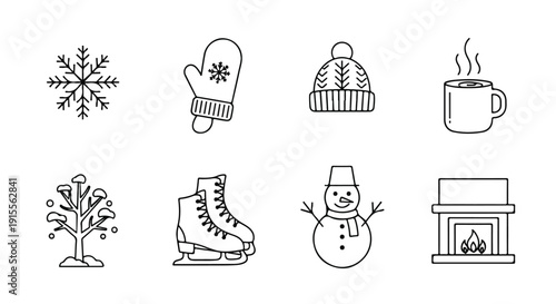 A delightful collection of winter-themed icons showcasing various activities and items Vector