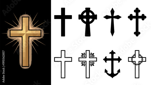 Various Christian cross symbols with golden glow on a black and transparent background vector illustration.