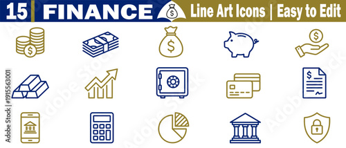 Finance line art icons in blue and gold on a grid vector illustration.