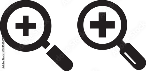 Magnifying Glass with Plus Sign Icons: Zoom In, Search, Expand, and Increase Functionality