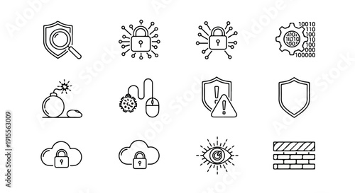 A collection of icons representing various aspects of cybersecurity and data protection Vector