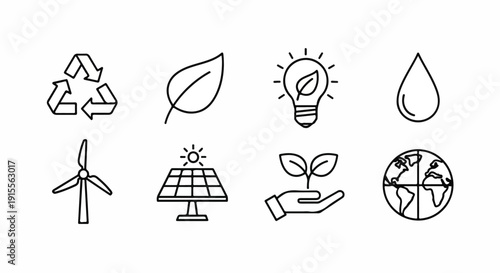 Illustrations of various symbols representing renewable energy and sustainability Vector