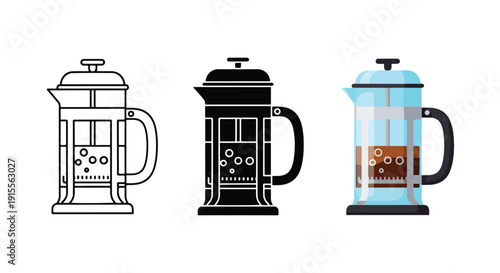 French press coffee makers set vector illustration - Vector icon Set - Stickers and Clipart - PNG and SVG Icon collection - Lineal icons - logo template