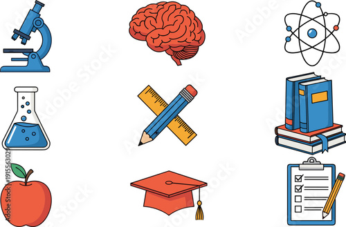 Education and science icon set with microscope, brain, chemistry, books, graduation cap, checklist, and learning symbols