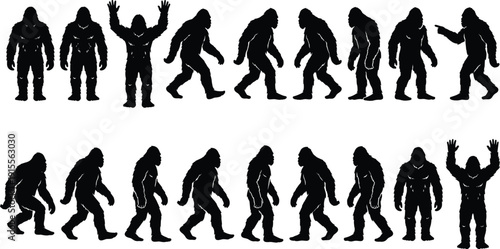 Bigfoot Sasquatch Silhouette Set with Various Poses Walking Standing and Gesturing Cryptid Creature Vector Illustration for Mythological Outdoors Graphic Design