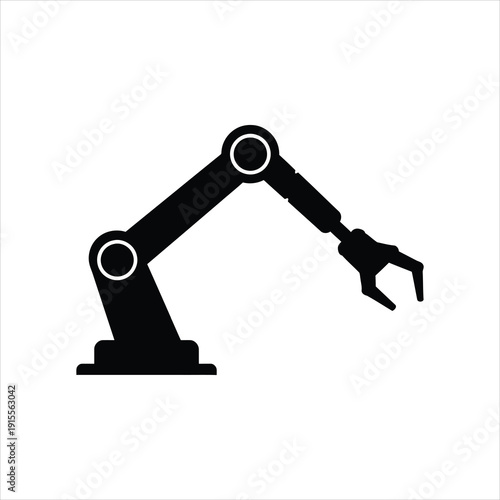 Black and White Vector Icon of a Robotic Arm with Gripper, Symbolizing Industrial Automation, Advanced Technology, and Future Manufacturing Processes